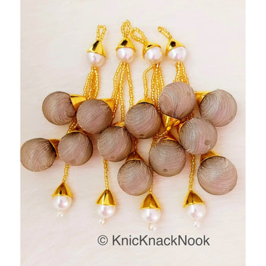 Grey Art Silk Fabric Balls Bunch Beaded Tassels, Latkan, Embellishments